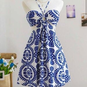 Elegant Blue and White Halter Dress